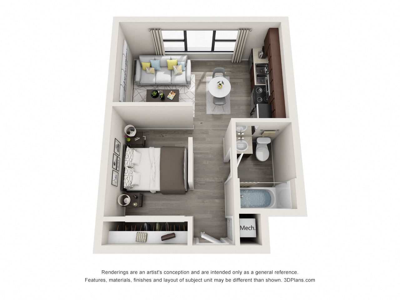 Floor plan for 1 bed, 1 bath, 402 sqft